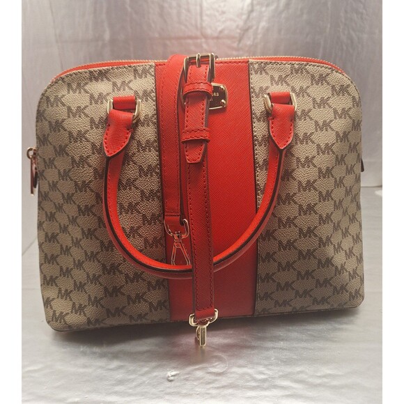 Michael Kors Khaki Monogrammed Coated Canvas/Red Leather Dome Satchel Crossbody - Picture 2 of 12